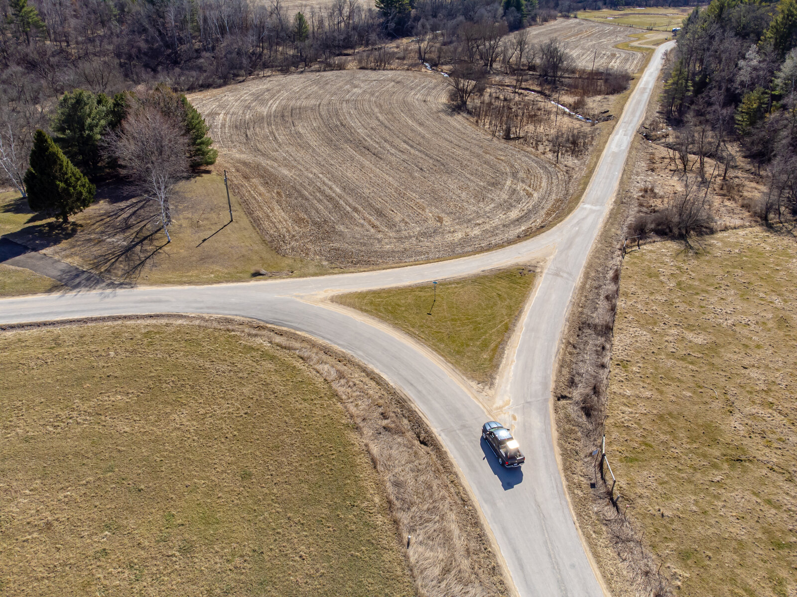 A rural road forking into two paths through trees
